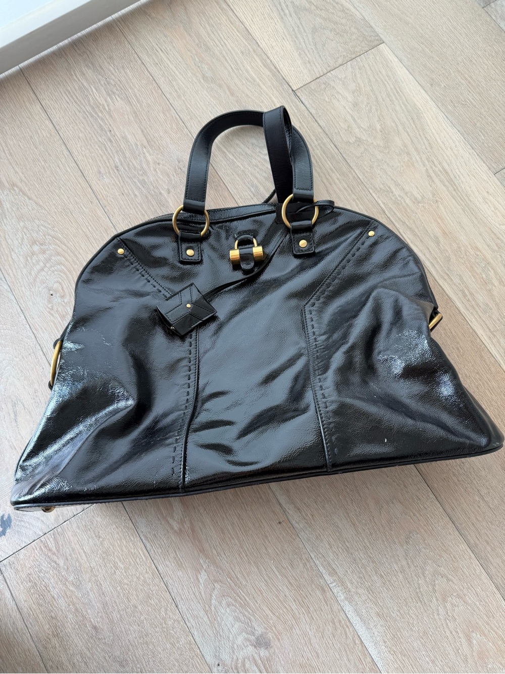 Black Patent Leather Dome Tote Bag with Gold Hardware YsL